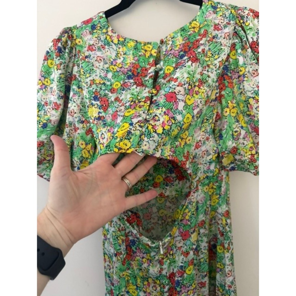 Topshop Floral Puff Sleeve Cutout Back Mini Dress Green Multi Size US 4 - Picture 4 of 4
